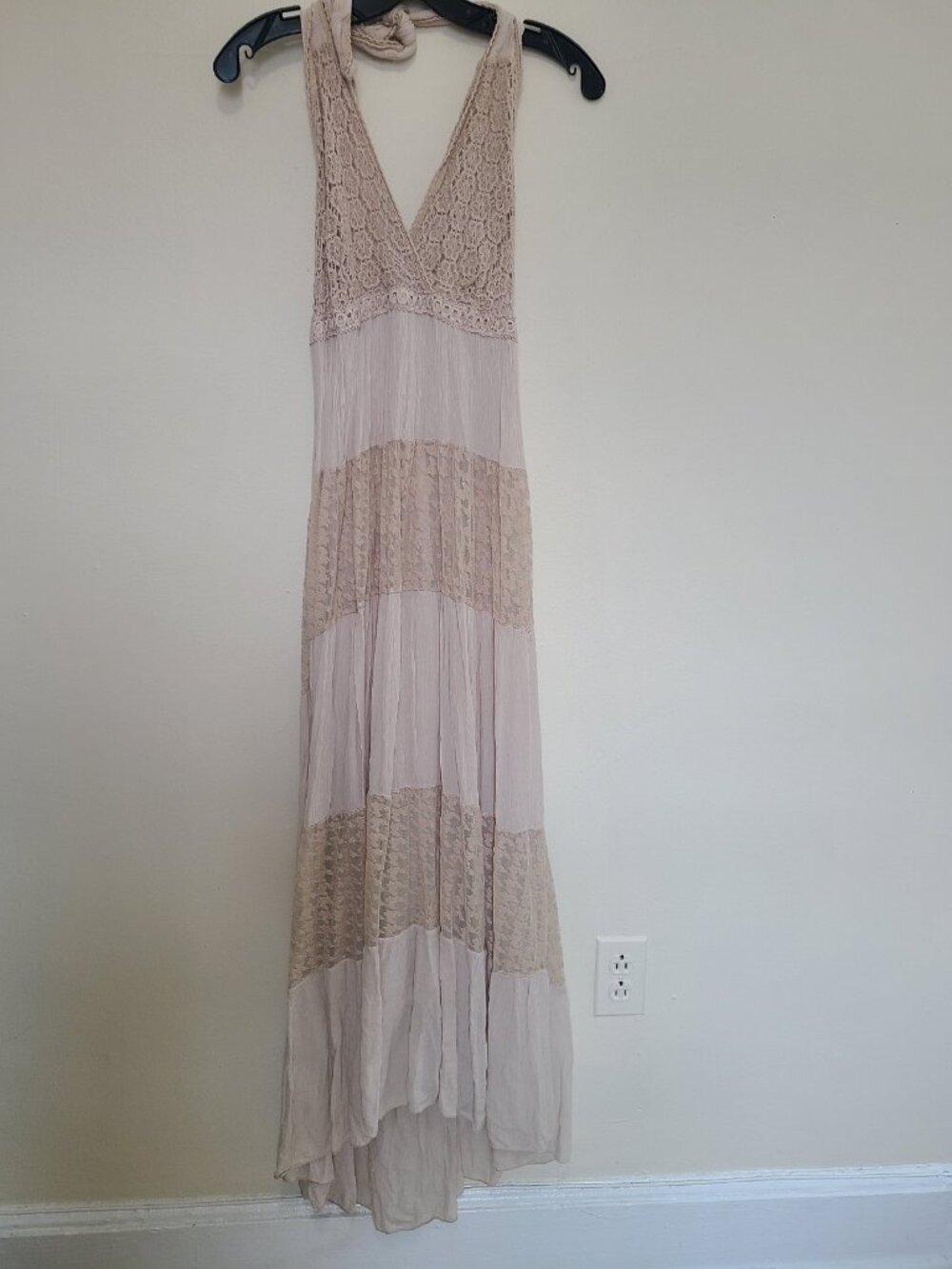 Tempo Paris Italy Beige Embroidered Mesh Maxi Dress size M Boho